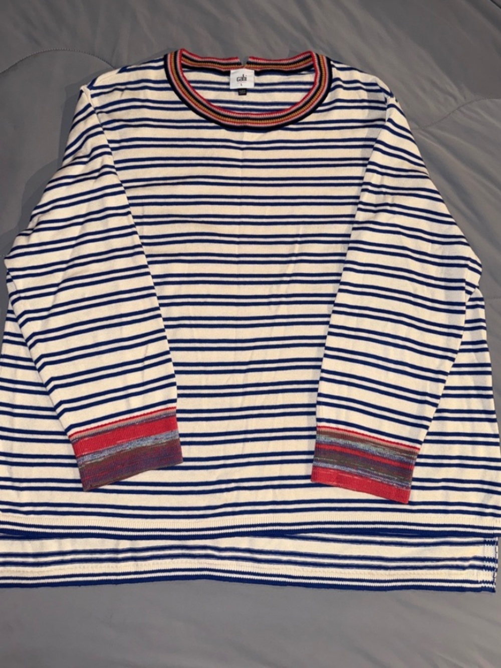 Cabi Striped Crew‎ Neck Pullover Sweater Blue Cream Red Long Sleeve Large 5830